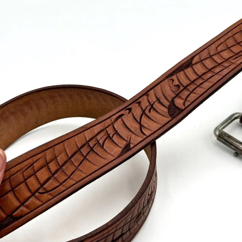 HAND TOOLED BROWN LEATHER MENS BELT FASHION WORK CASUAL OFFICE WEAR MEN BELTS me - Picture 4 of 12
